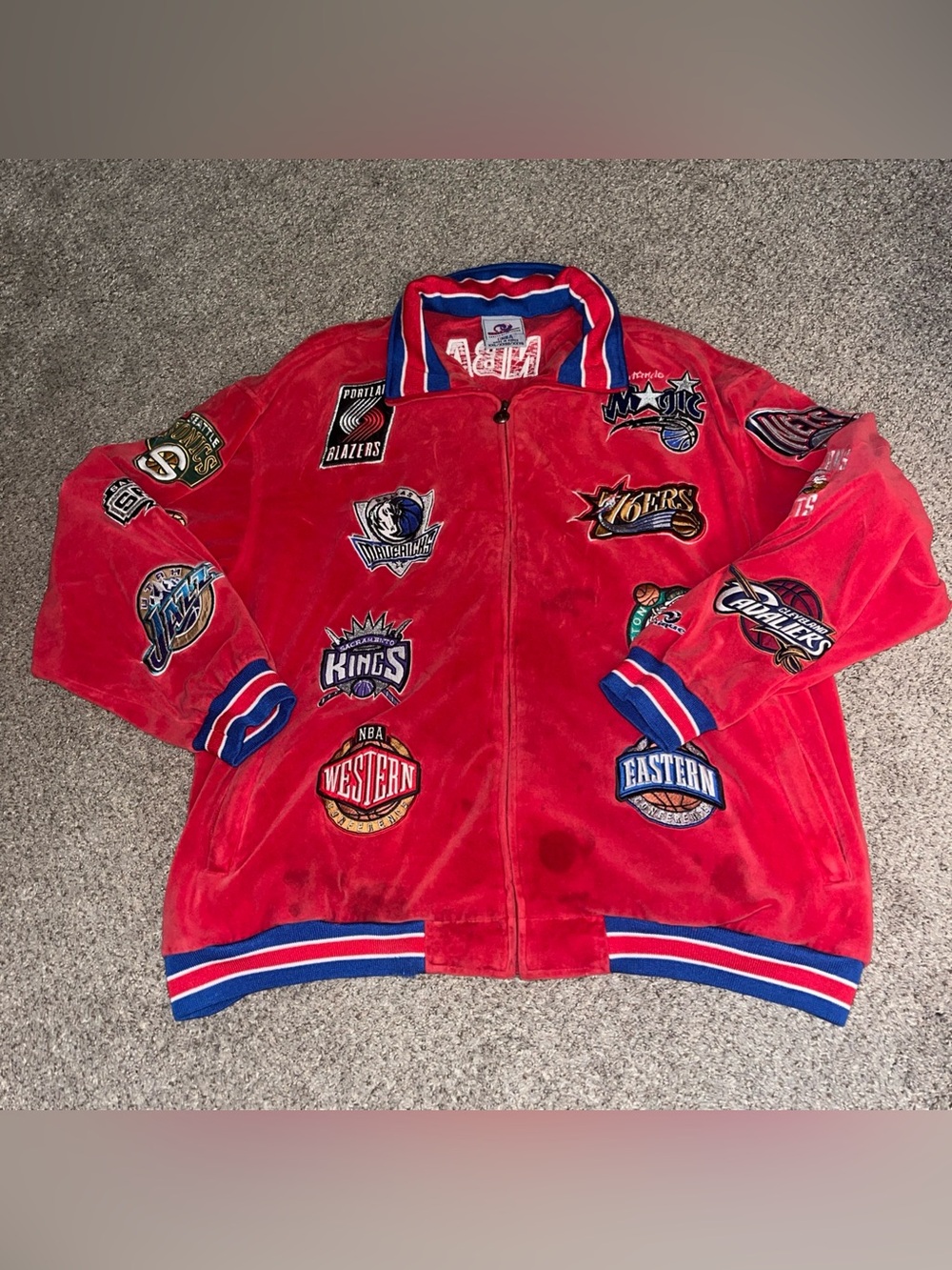 Vtg 90s NBA Teams Logo Velour Patch Jacket 2XL Unique Sports Generation All Over